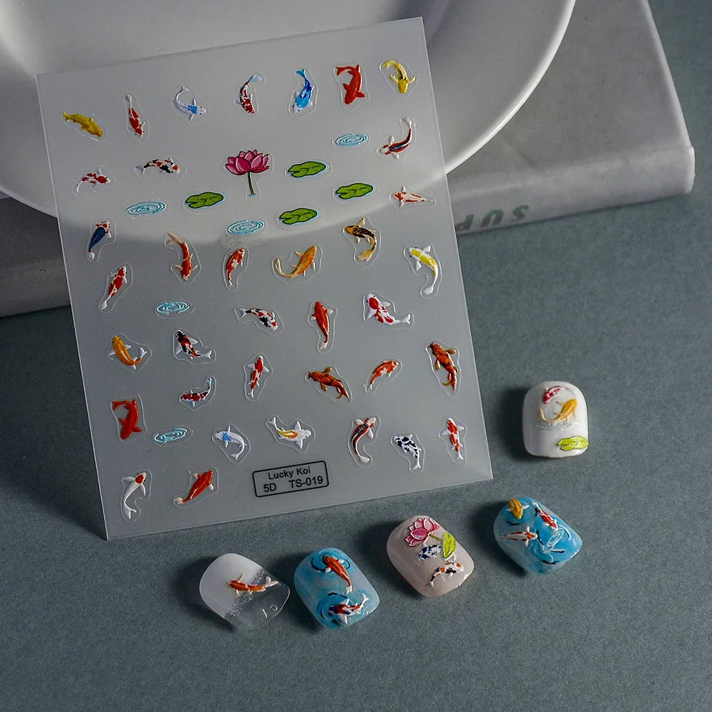 5D Koi Fish Nail Stickers, Green Lotus and Red Carp Nail Art Decals