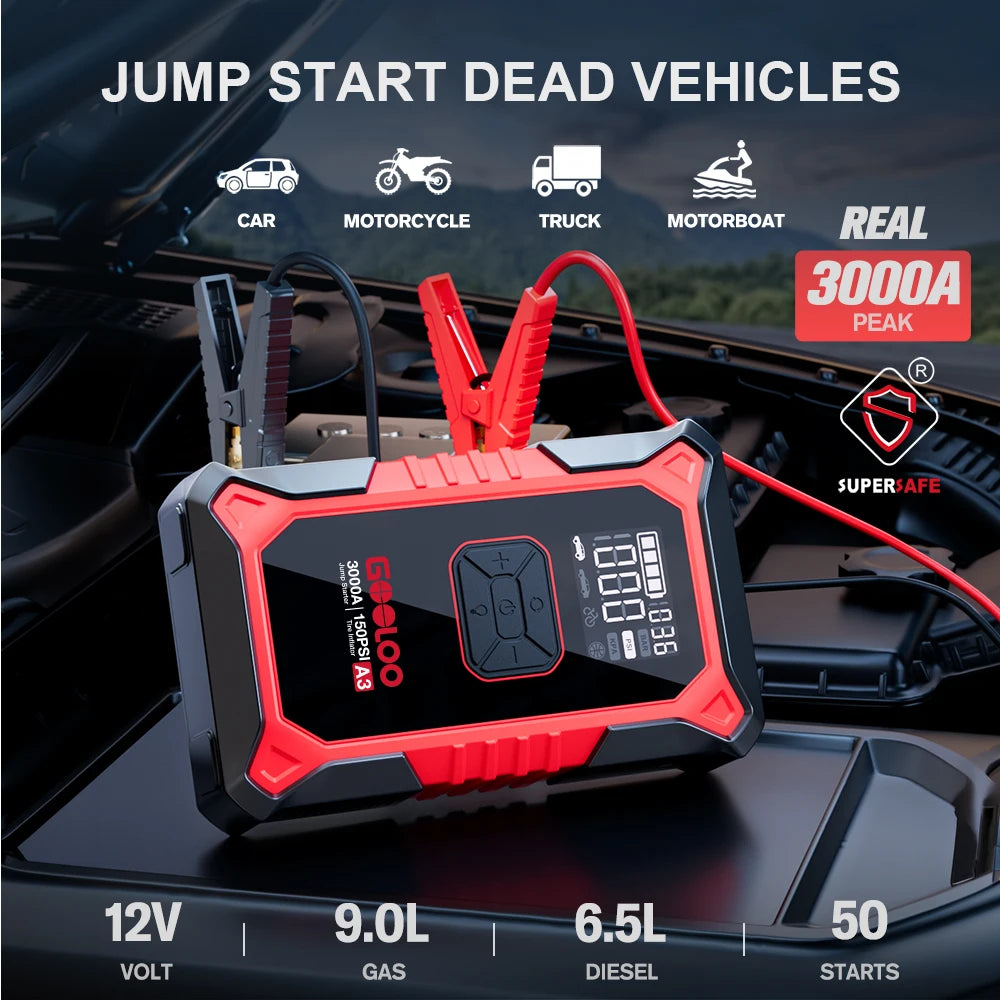A3 Jump Starter with Air Compressor, 3000A Portable Car Battery Booster (9.0 Gas/6.5L Diesel) with 150PSI Auto-Shutoff Ti