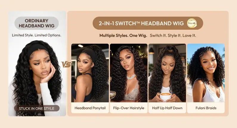 UNice Hair Water Wave Human Hair Headband Wig & Half Wig 2-In-1 Beginner Friendly Ready To Go Glueless Wig With Drawstring