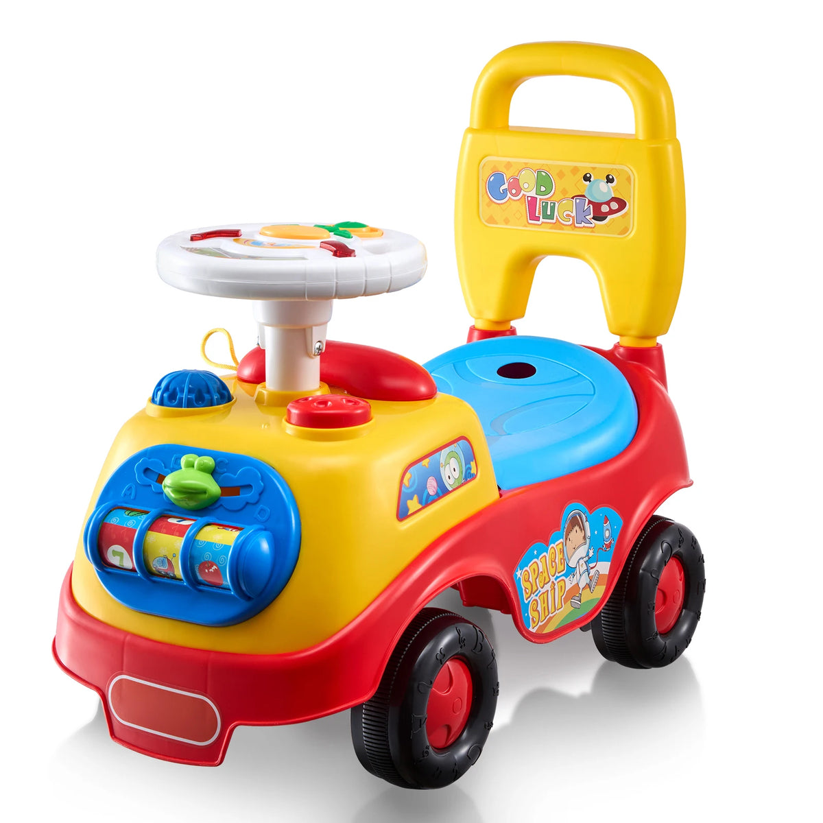 Toddler Ride-On Push Car with Music, Steering Wheel and Under-Seat Storage