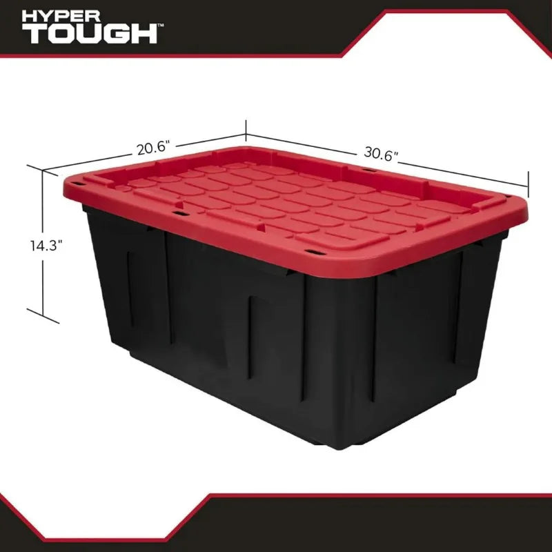 (6 pack/ 4pack) Large Storage Bin, 27 Gallon Plastic Storage Container with Snap-On Lid, Black and Red