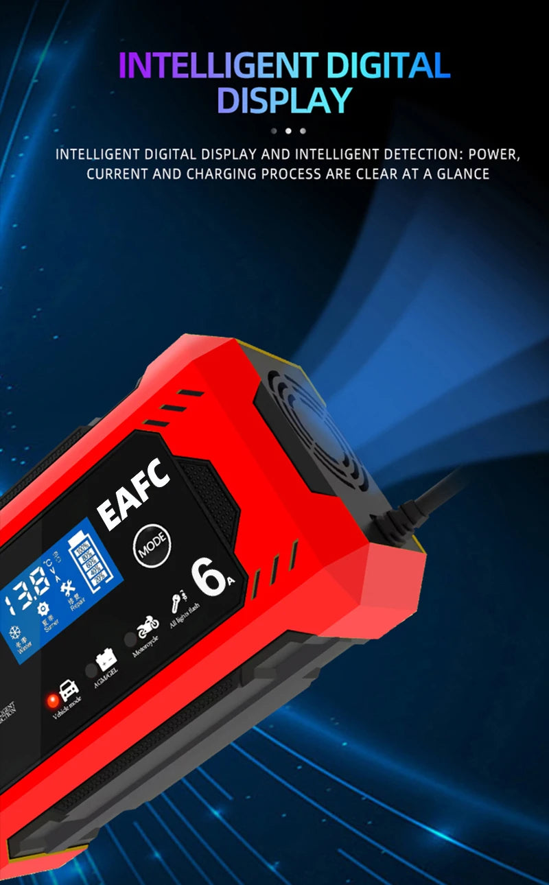 12V 6A Smart Car Battery Charger with LCD, Automatic Pulse Repair Charger for Car and Motorcycle