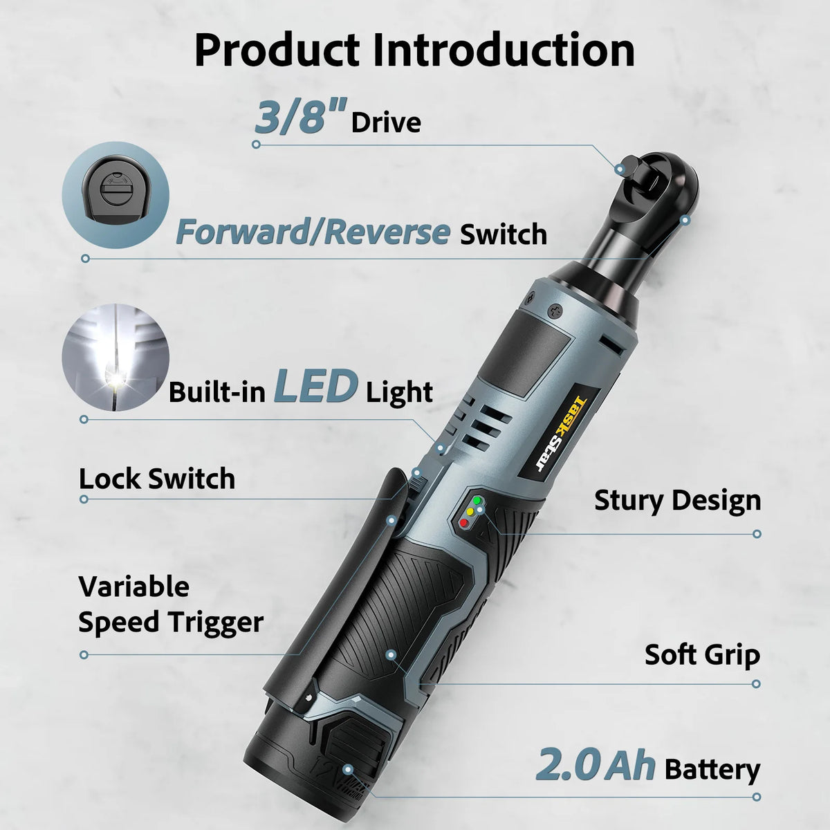 3/8" Driver Cordless Ratchet Wrench with 1/4" Adapter&7 Sockets&2 2.0Ah Batteries 12V Car Dismantling Tool Electric Wrench Kit
