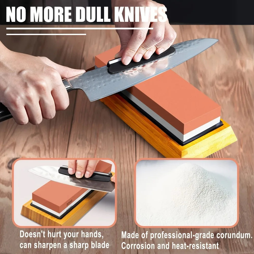 Professional Knife Sharpening Stone Set – 400/1000/3000/8000 Grit Whetstones, Bamboo Base, Angle Guide, Leather Strop