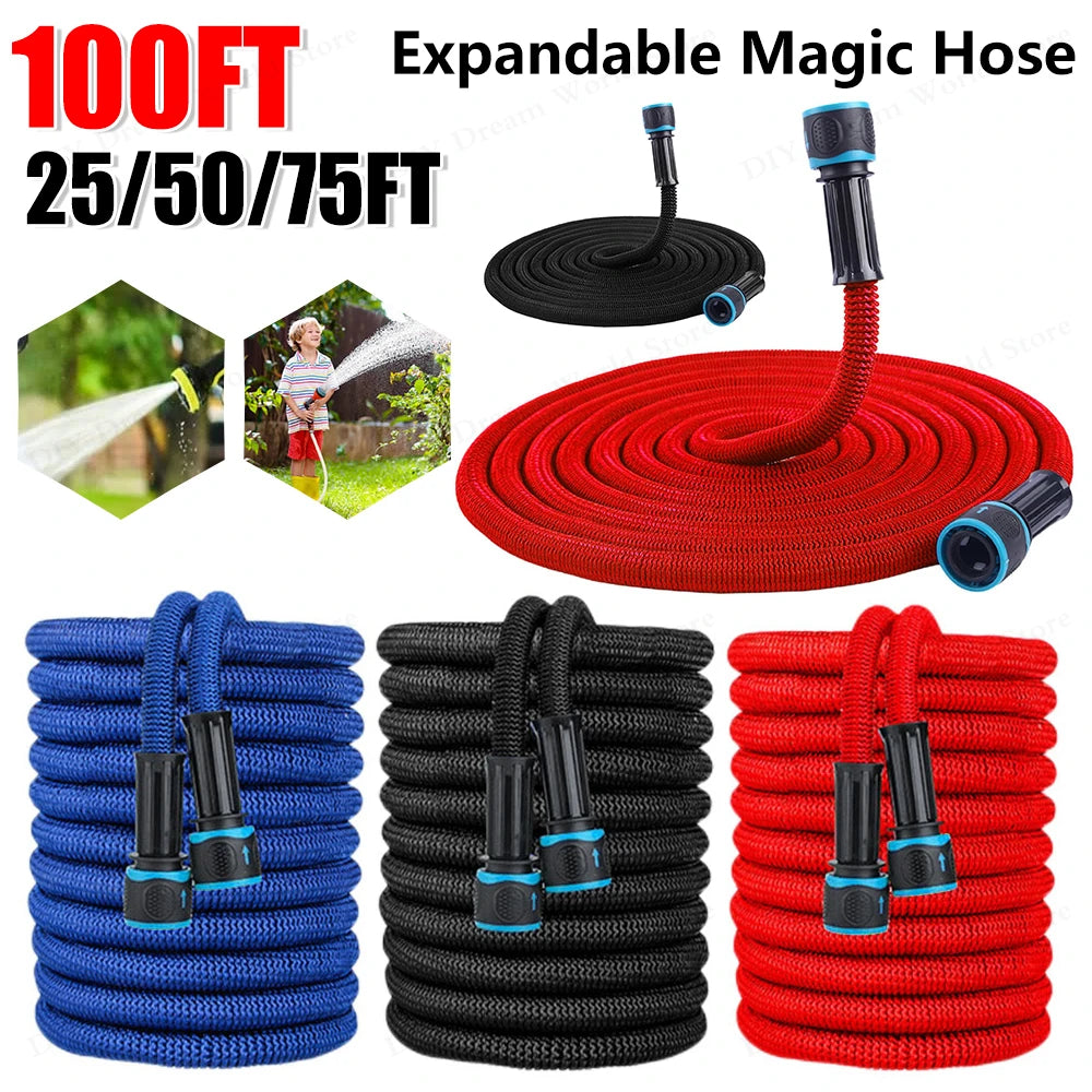 25FT-100FT(after water injection) Expandable Magic Hose Suitable for 3/4 " 1/2" Faucets High-Pressure Car Wash Water Gun Hose