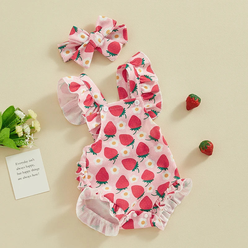 Summer Infant Baby Girls Bodysuit and Headband Flower Print Fly Sleeve Jumpsuit Casual Clothes