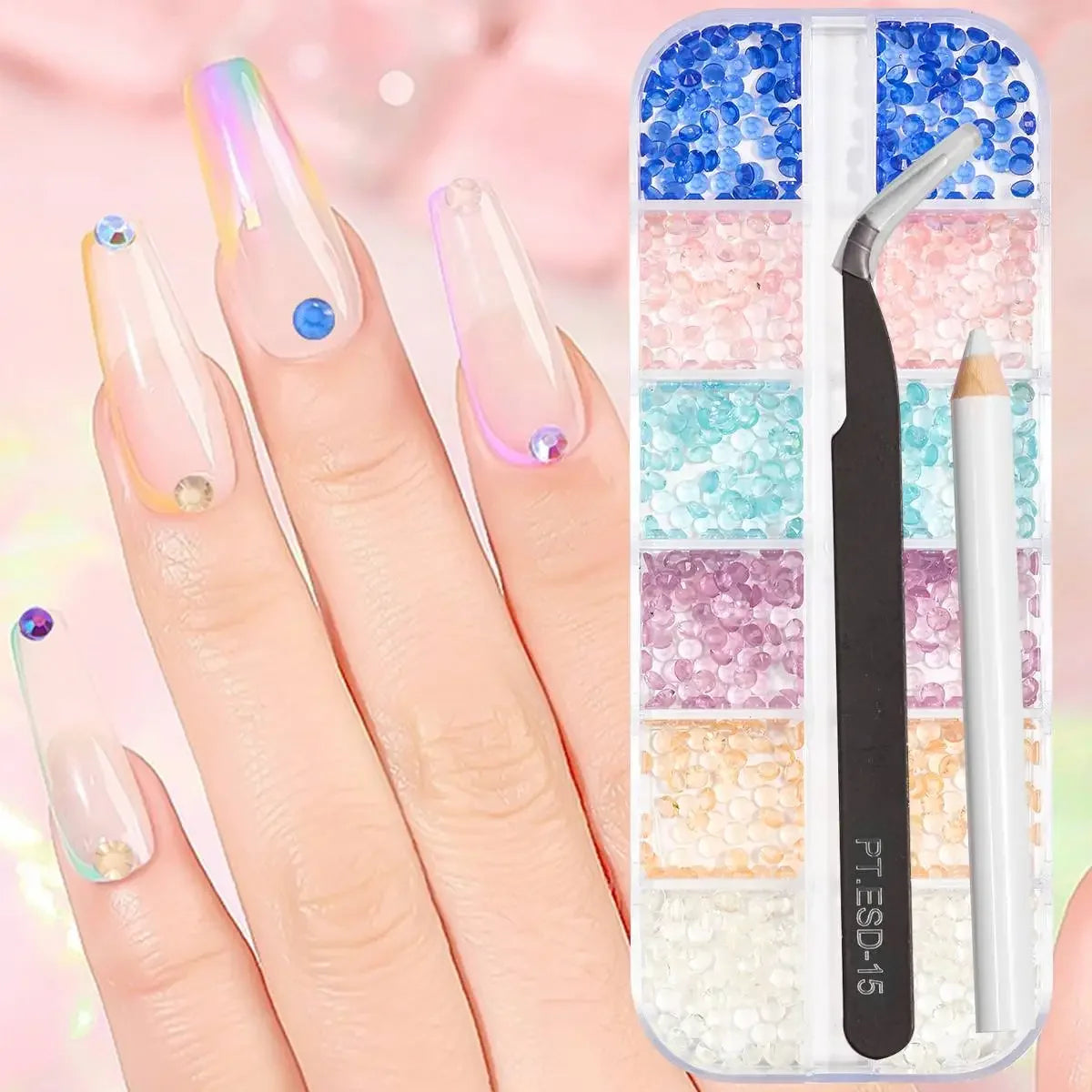 12Gird 3D Glass AB Crystal Nail Art Rhinestones Kit Flatback Round Bead Charm Gem Stones Jewelry Diamond with Tools for Nail Art