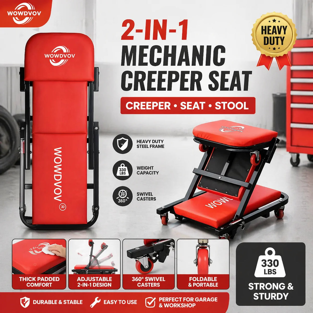 2-in-1 Mechanic Creeper Seat with Wheels – Heavy Duty Folding Rolling Stool for Garage – 330lbs Capacity Adjustable Repair Crawler with Thick Cushion & 360° Swivel Casters for Auto Shop
