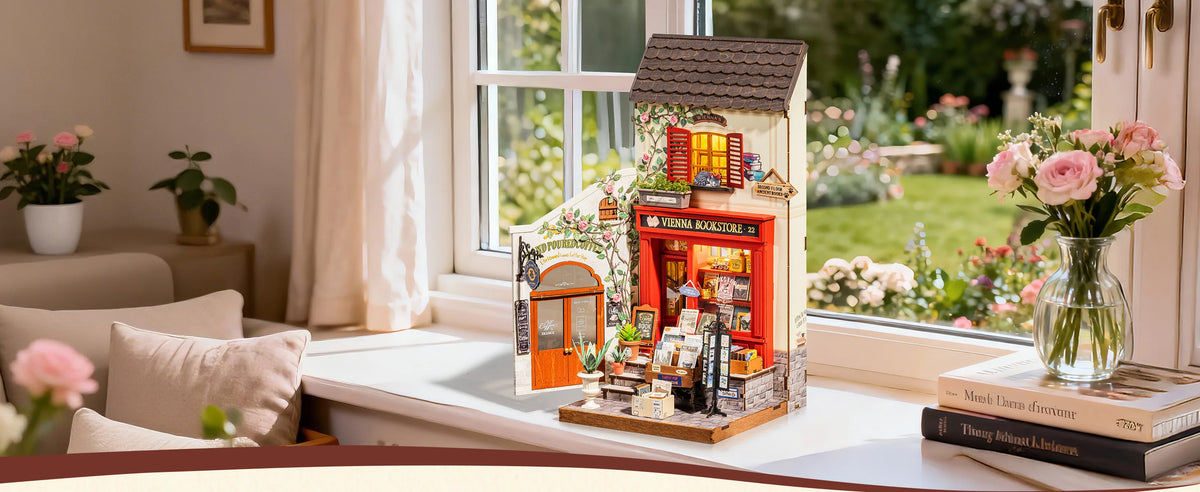 Rolife Wooden 3D Puzzle DIY Miniature House Kit Vienna Bookstore & Aromatic Coffee Cart Model Building Kit with LED Light for Home Decor Gift for Adults Teens