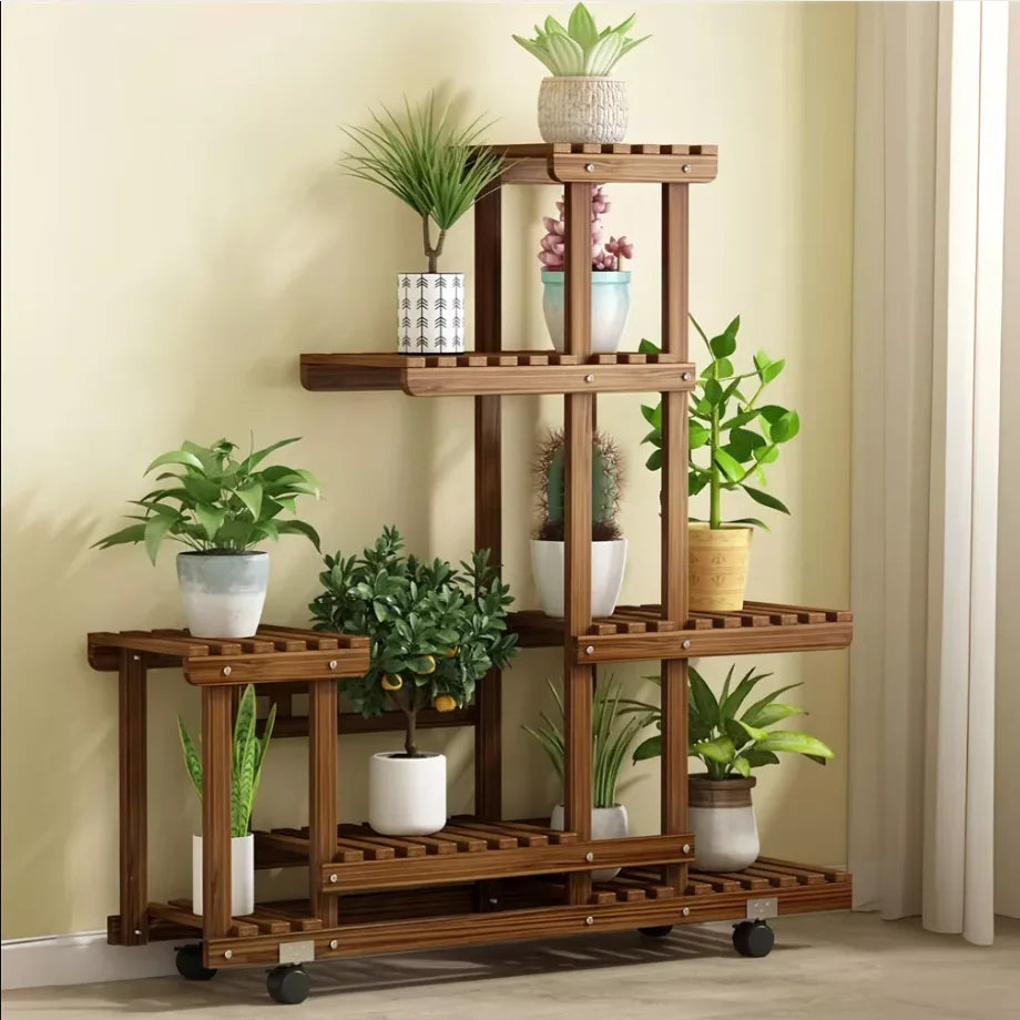 Rolling Multi-Layer Wood Plant Stand with Wheels