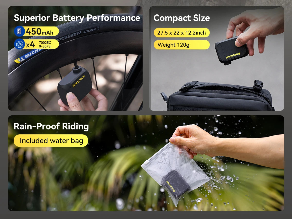 anoutway AT1 Electric Mini Pump for Bike Cordless Tier Inflator 120 PSI Max  450mAh 7.4V Battery 25Mins Fast Charging