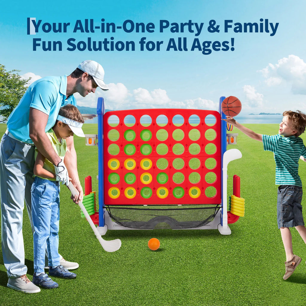 4-in-1 Giant Connect Game Set Adjustable Height, Basketball Hoop, Ring Toss and Net Jumbo Outdoor Yard Game for Families Events