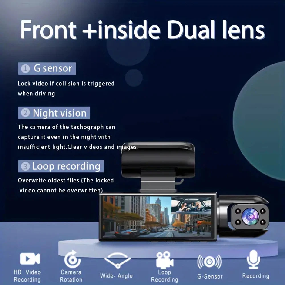 3.16inch IPS 1080P Dash Cam Car Dvr Dual Lens Front Inside Wide Angle IR Night Vision Video Recorder