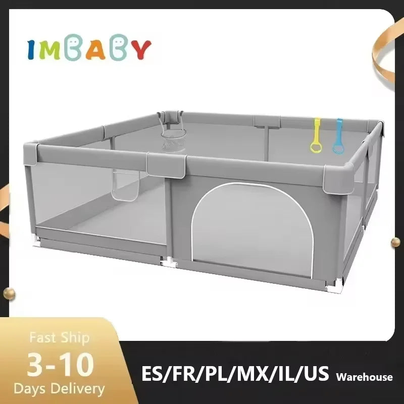 Baby Playpen with Safety Gate, Large Indoor Play Yard Fence for Toddlers, Light Gray