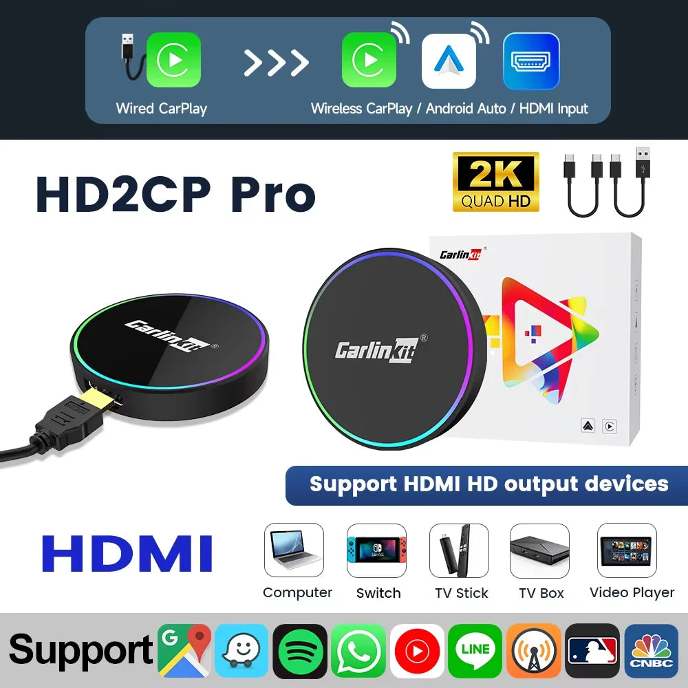 2026 CarlinKit HD2CP Pro CarPlay to HDMI Wireless Adapter CarPlay Android Auto 2K HDMI Input Support Tv Stick Laptop Tv Box 5.0