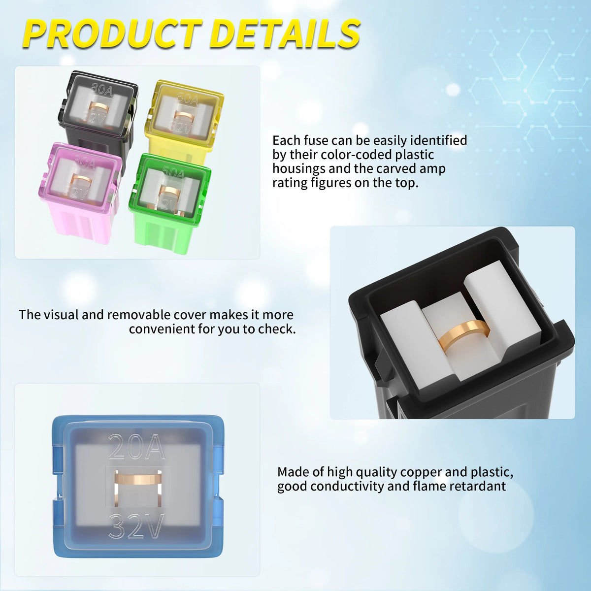 DaierTek 36Pcs Jcase Fuse Automotive Tall/Standard and Low Profile Jcase Box Shaped Fuses Assortment Kit 20A 30A 40A 50A 60A 80A