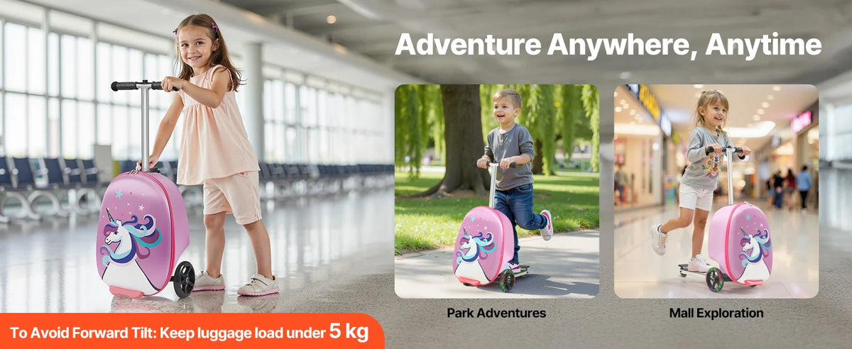 20L 20 Inch Purple Kids Ride-on Luggage Scooter Suitcase Flash PU Wheels Adjustable Handle TPR Grip Foldable for 5+ Kids Travel