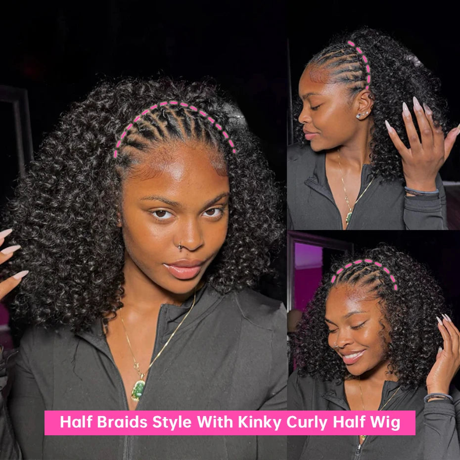 250 Density Kinky Curly Half Wig Double Drawn Invisible Drawstring Machine Made Wigs Human Hair Invisible Hairline Half Wig Natural Colored Ponytail