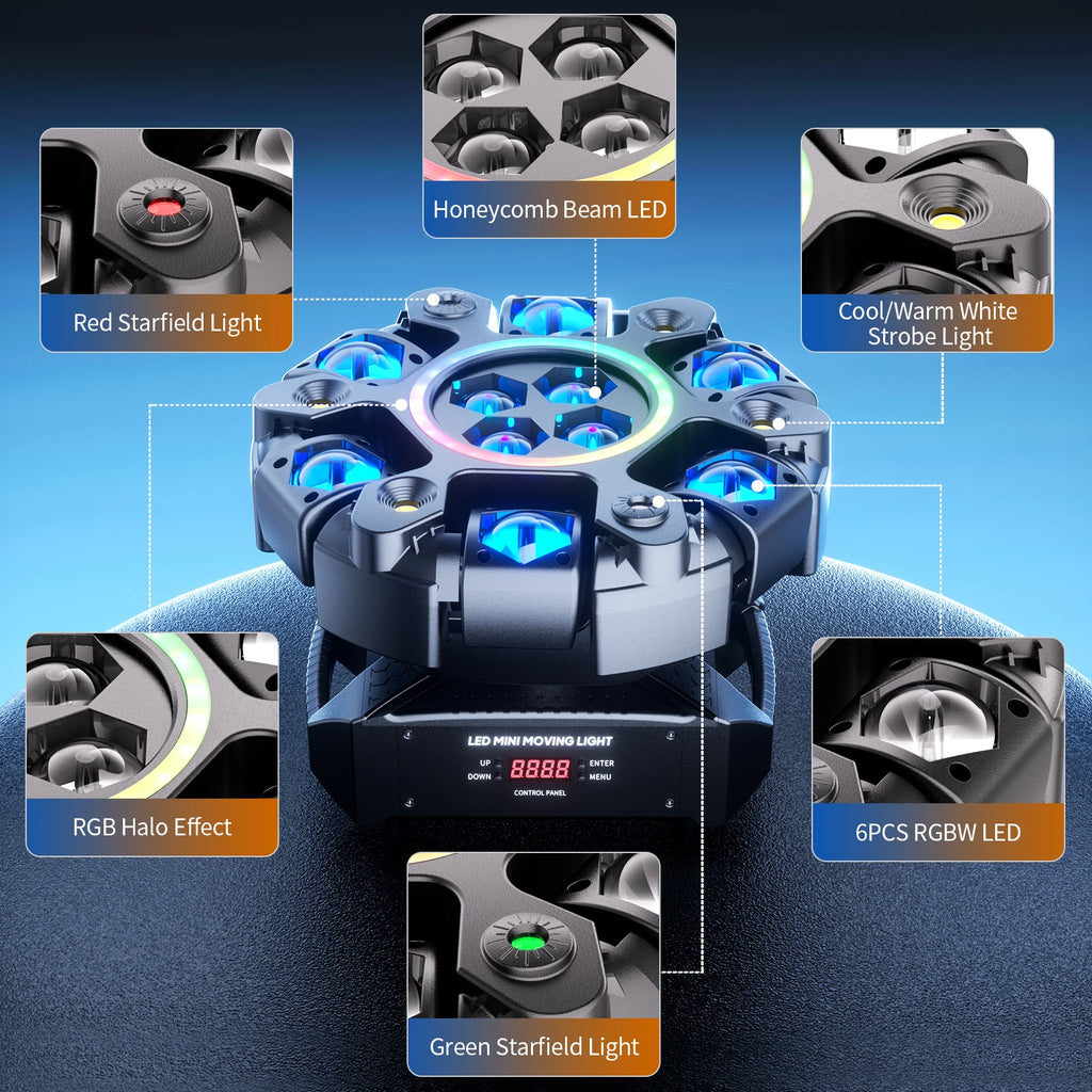 150W 6-Arm RGBW Beam Moving Head Light with Strip Effect Stage Light DMX512 Honeycomb Beam Strobe Effect for DJ Party