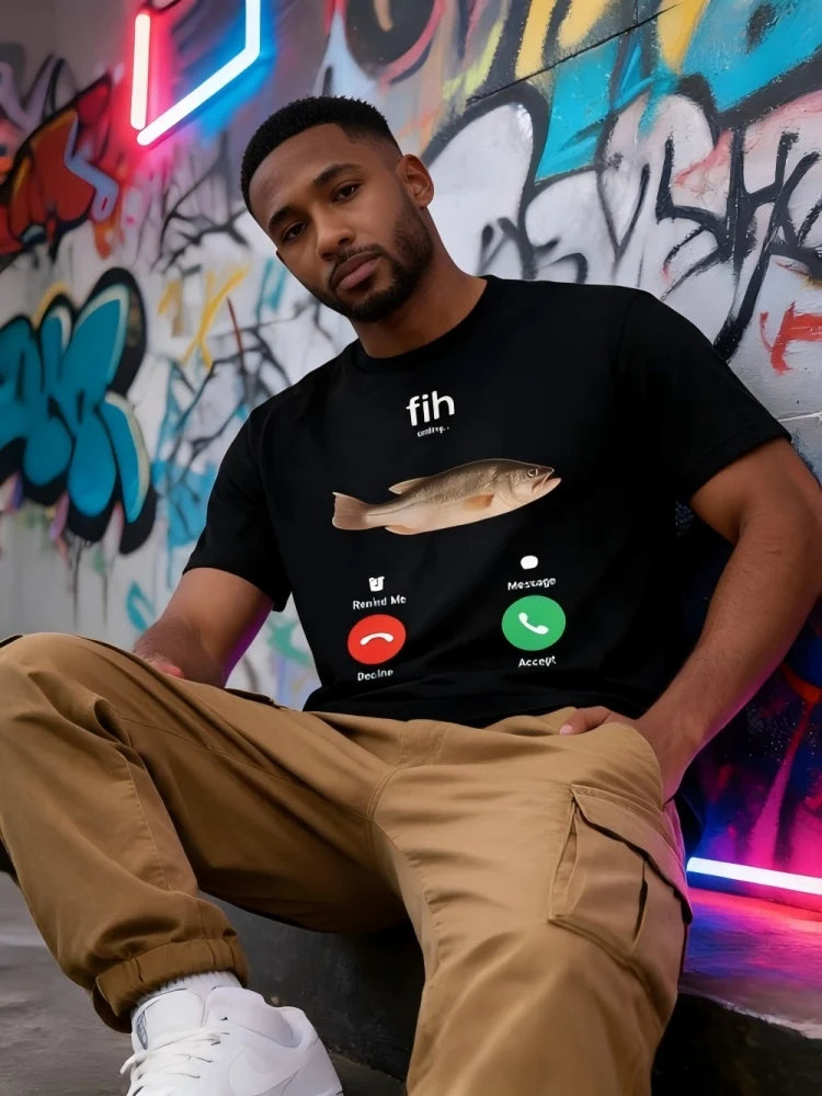 "Fish Calling" Funny Fishing T-Shirt, Men's 100% Cotton Casual Graphic Tee