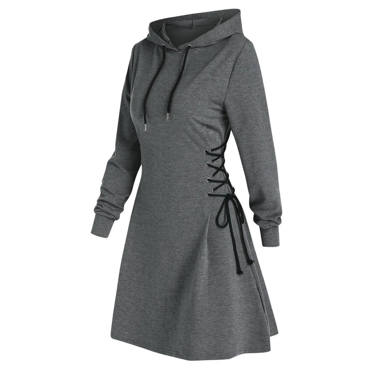 Women's Hooded Sweatshirt Dress with Side Lace-Up, Long Sleeve Casual Loose Pullover