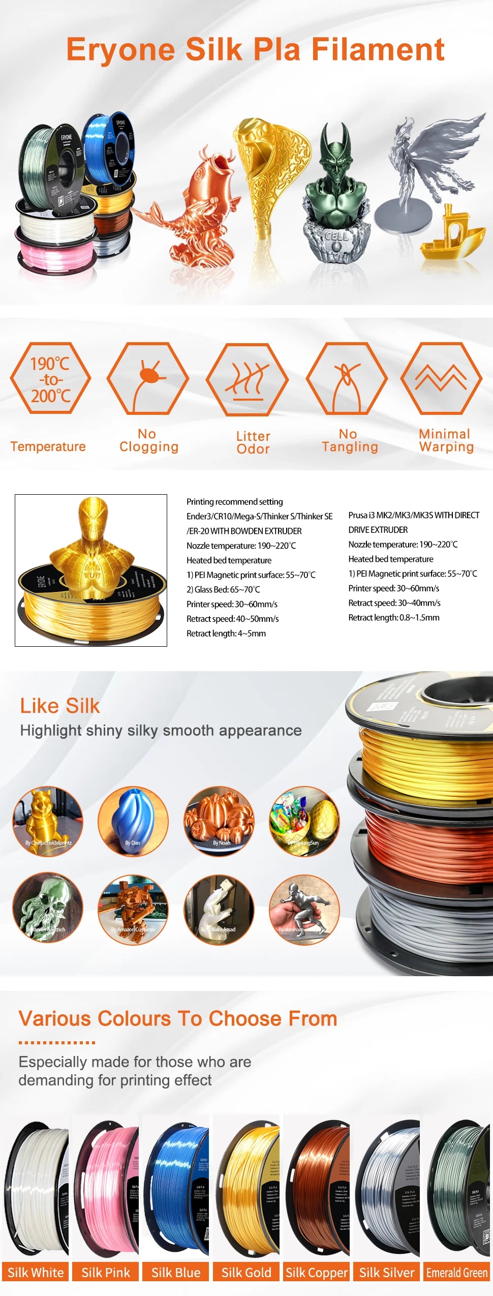 ERYONE 1KG Silk PLA 3D Printer Filament 1.75mm, Premium Silk Shiny Finish Single Color, Glossy Smooth Surface 1kg Spool