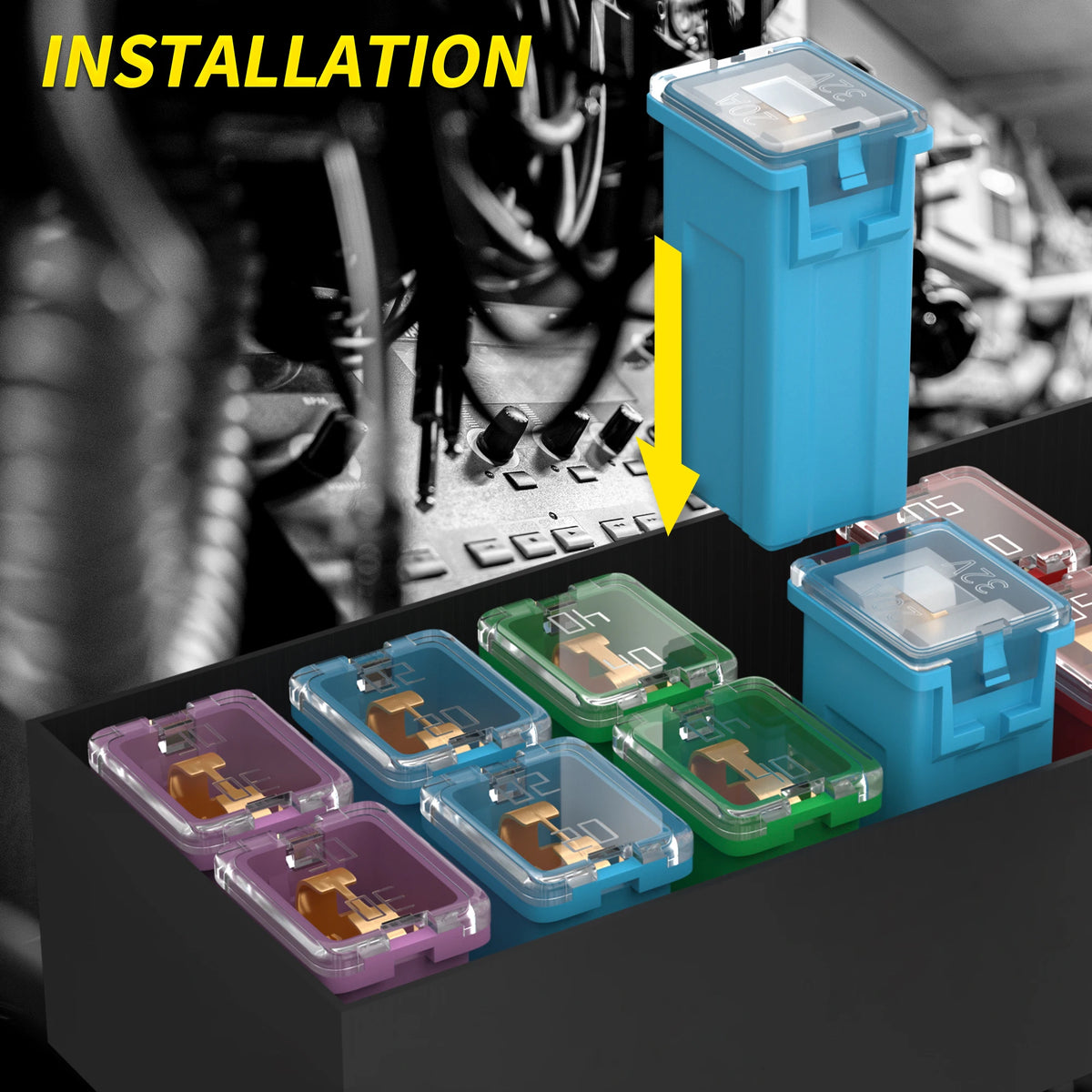 DaierTek 36Pcs Jcase Fuse Automotive Tall/Standard and Low Profile Jcase Box Shaped Fuses Assortment Kit 20A 30A 40A 50A 60A 80A