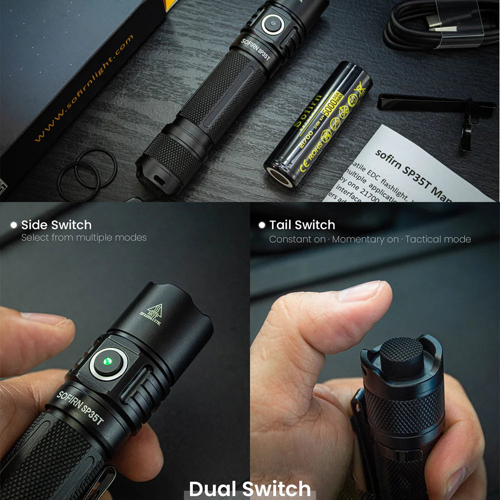 Sofirn SP35T 3800 Lumen Rechargeable Flashlight, USB-C 21700 LED Torch with Dual Switch