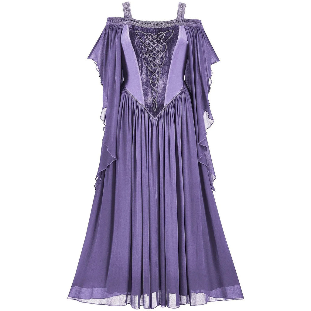 Women's Medieval Drama Halloween Cosplay Dress Off The Shoulder Batwing Sleeve Solid Color Patchwork Embroidery Long Dress
