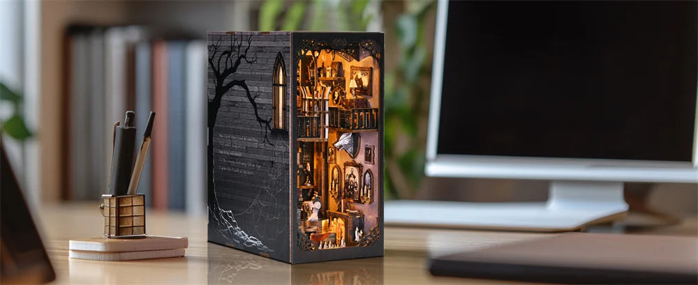 Book Nook Kit Dark Family DIY Wooden Puzzle Gothic Style Halloween Bookshelf Dollhouse Model Bookend Building Home Decoration