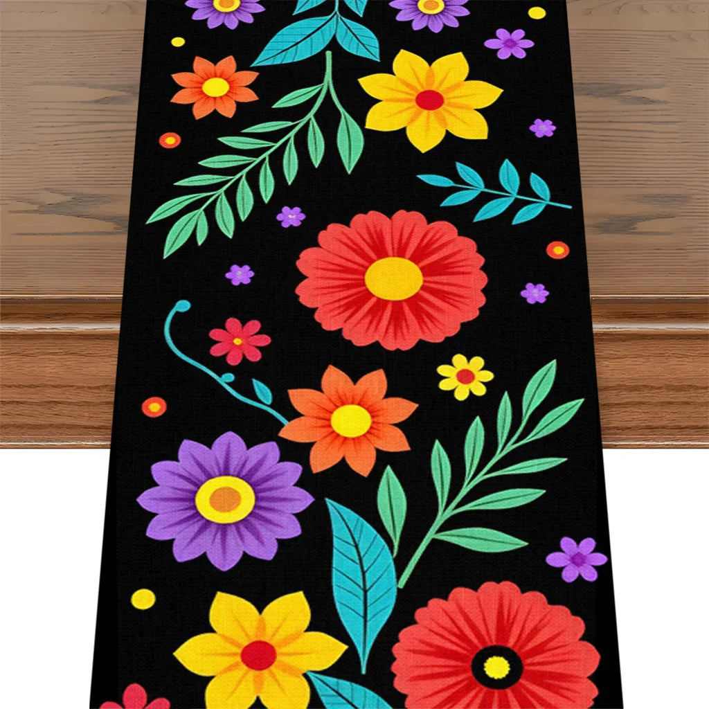 Halloween Day of the Dead Marigold Sugar Skull Linen Table Runner