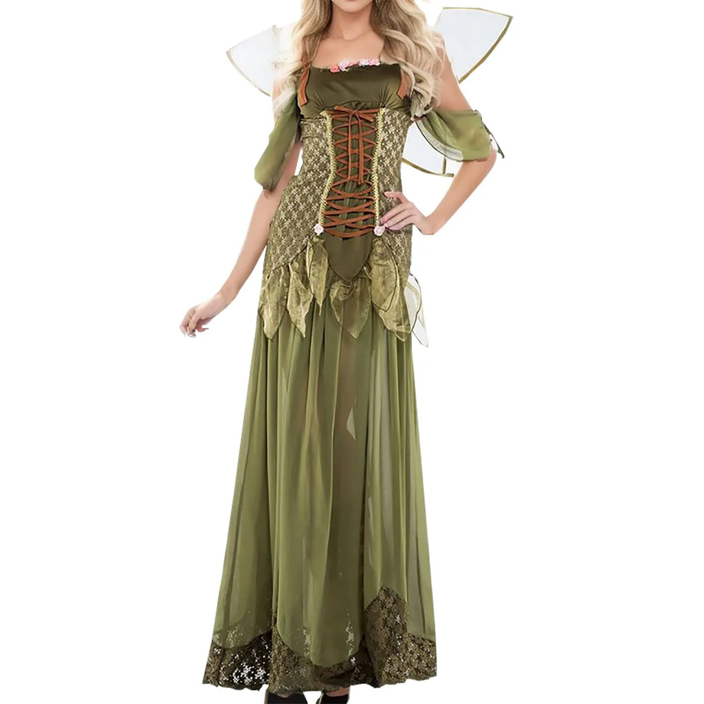 Green Fairy Wing Dresses for Women Halloween Cosplay Costumes Cos Fairy Princess Medieval Corset Long Dress Lace Up Party Dress