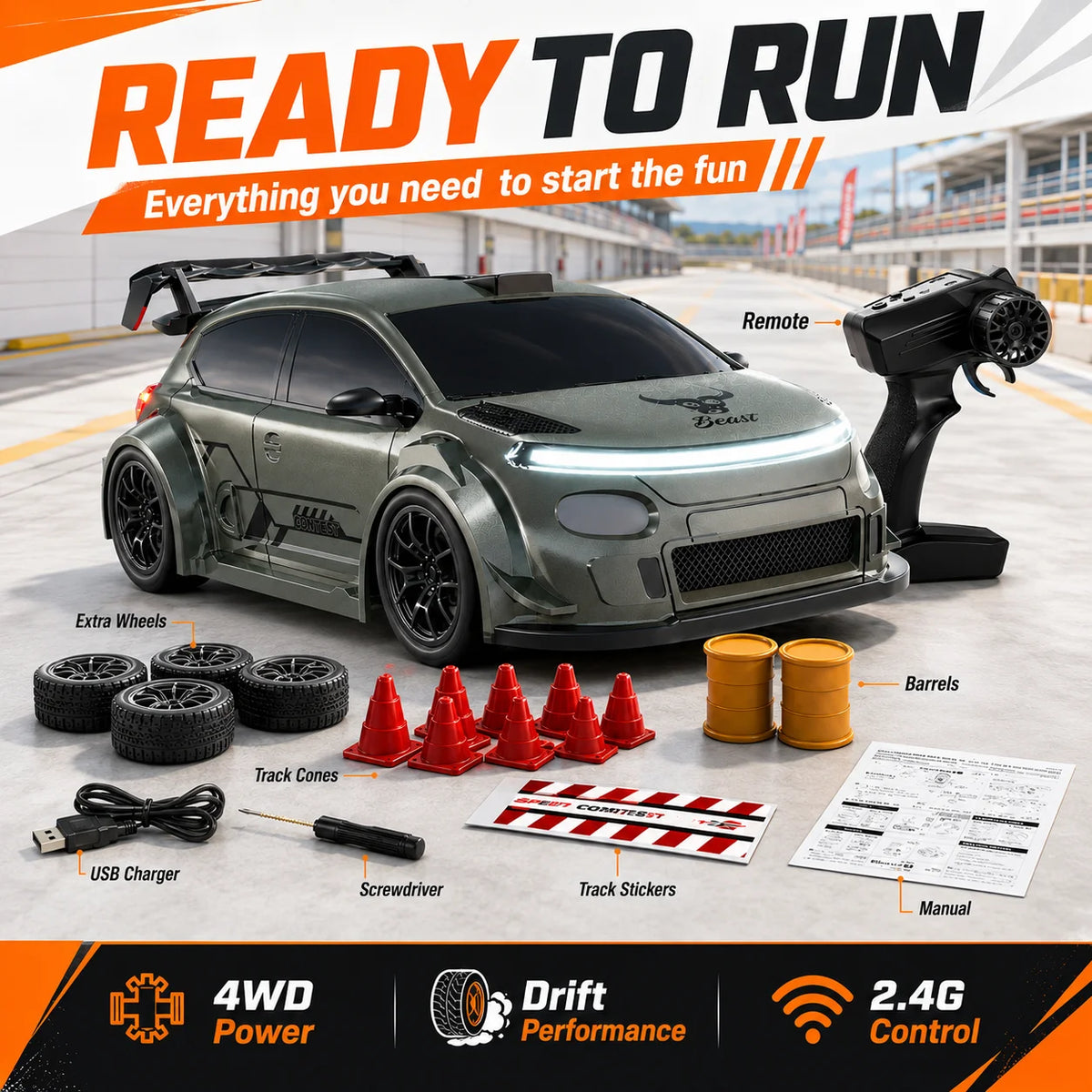ZNLYRION SG718 1: 24 Scale 4WD RC Drift Car With Replaceable Racing Drift Tires LED Headlights Taillight Sport Rear Wing Remote Control Racing Vehicle Toy