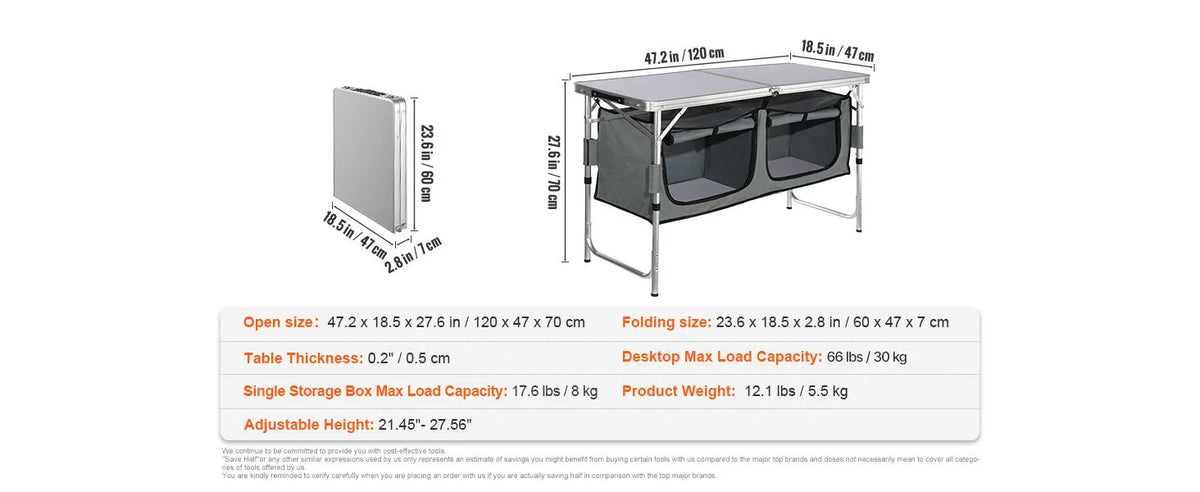 Folding Camping Kitchen Table, Quick Set-Up Outdoor Table for Picnics and BBQ