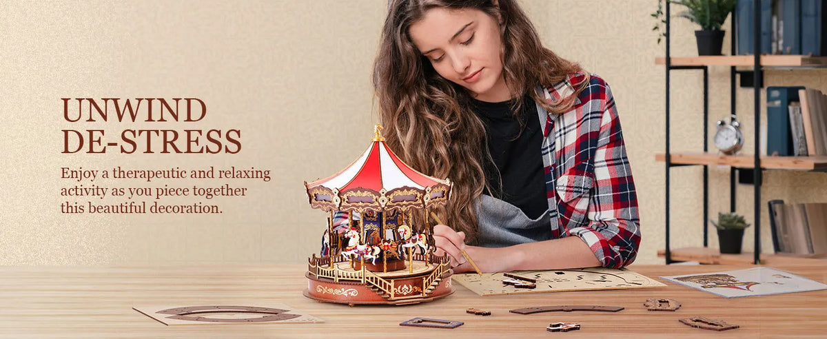 Rolife DIY Music Box Mechanical Model Building Kit Classic Carousel 3D Puzzle Toy Craft Kit with LED Light for Home Decor Gift for Adults Friends