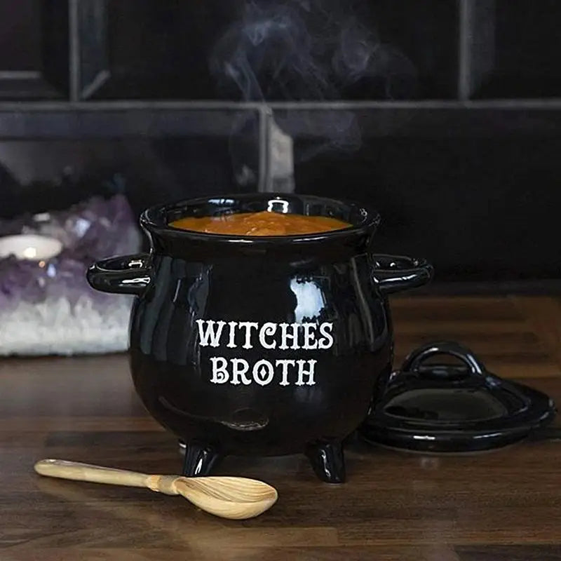 Halloween Witch Cauldron Ceramic Soup Bowl with Spoon, 650 ml