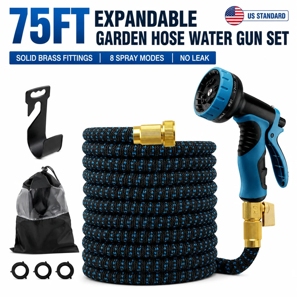 Expandable Retractable Flexible Garden Water Hose With 8 Spray Modes Nozzle Heavy Duty Leak Free Brass Fitting Collapsible Stretch Water Pipe For Yard Plant Irrigation Car Wash Pet Shower Balcony Patio Camping Outdoor Househo