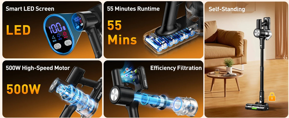 Cordless Vacuum Cleaner, 55Kpa/55min Self-Standing Powerful Stick Lightweight Vacuum Cleaner for Home Fur/Hard Floor/Rug