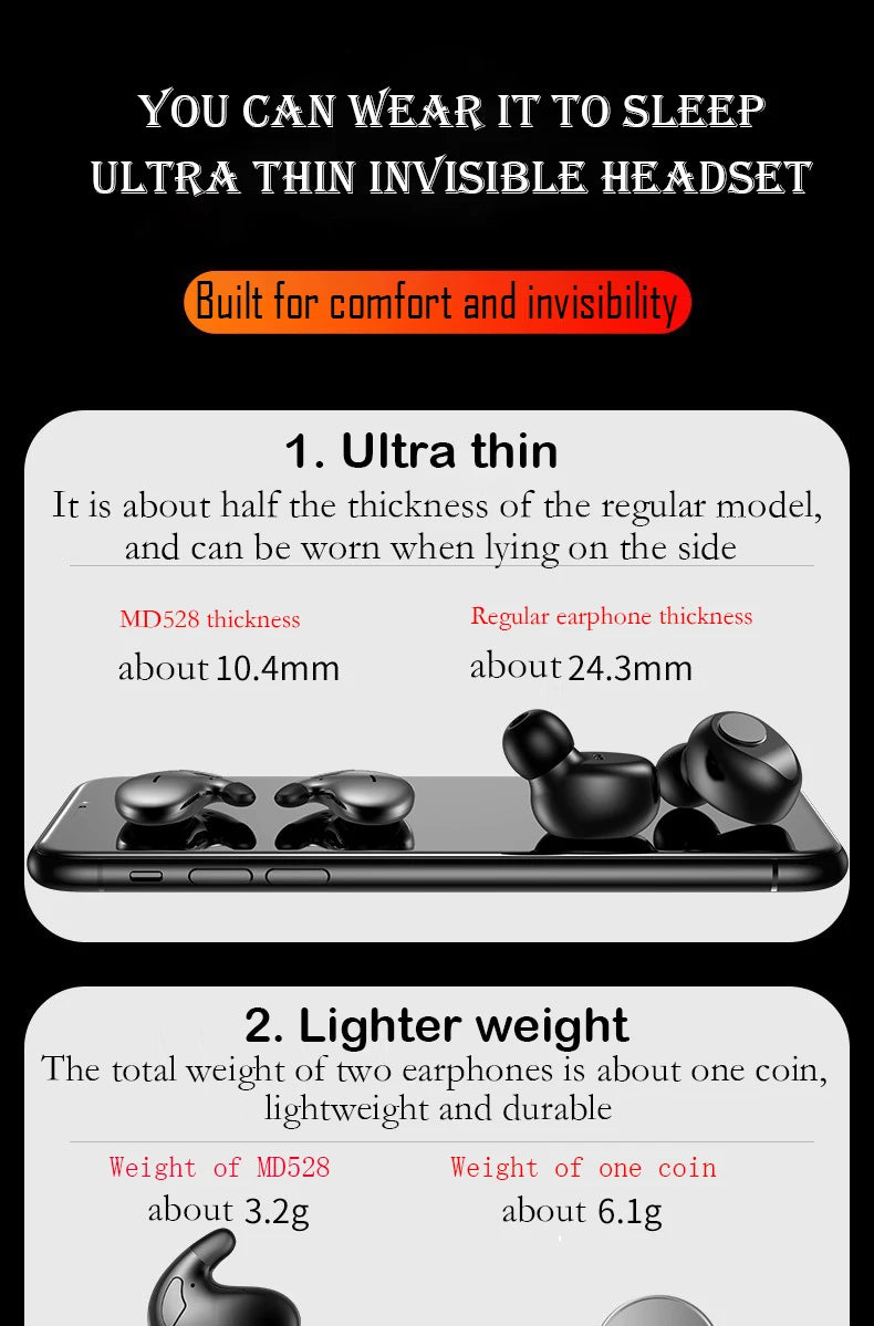 Ultra-Thin Sleep Earbuds, Bluetooth 5.3 Invisible Wireless Earphones for Sleeping and Sports