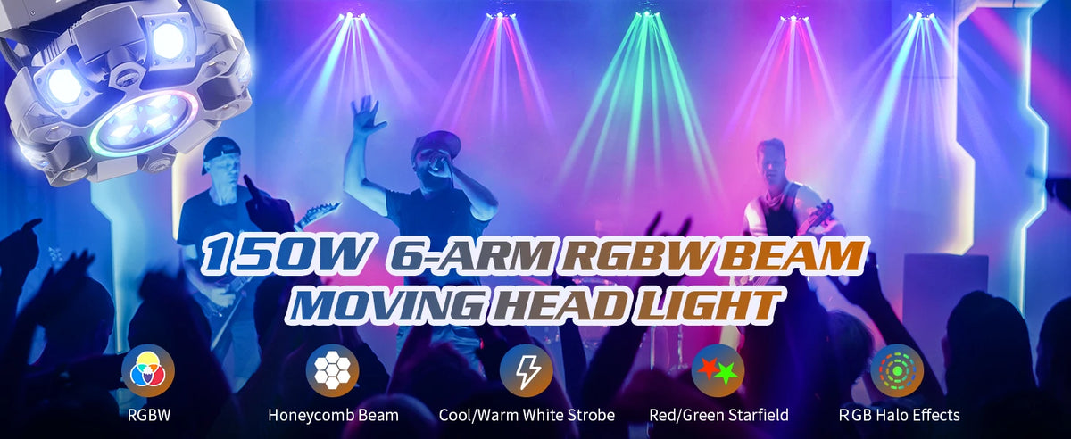 150W 6-Arm RGBW Beam Moving Head Light with Strip Effect Stage Light DMX512 Honeycomb Beam Strobe Effect for DJ Party