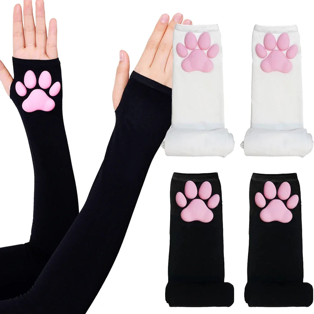 Cute Cat Paw Fingerless Gloves with 3D Pads, Soft Stretchy Cosplay Accessory