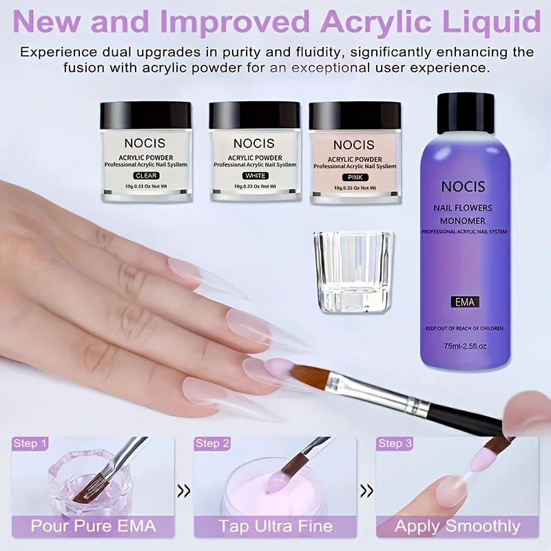 NOCIS Professional Acrylic Nail Kit with Clear, White and Pink Powder, Liquid and Tools