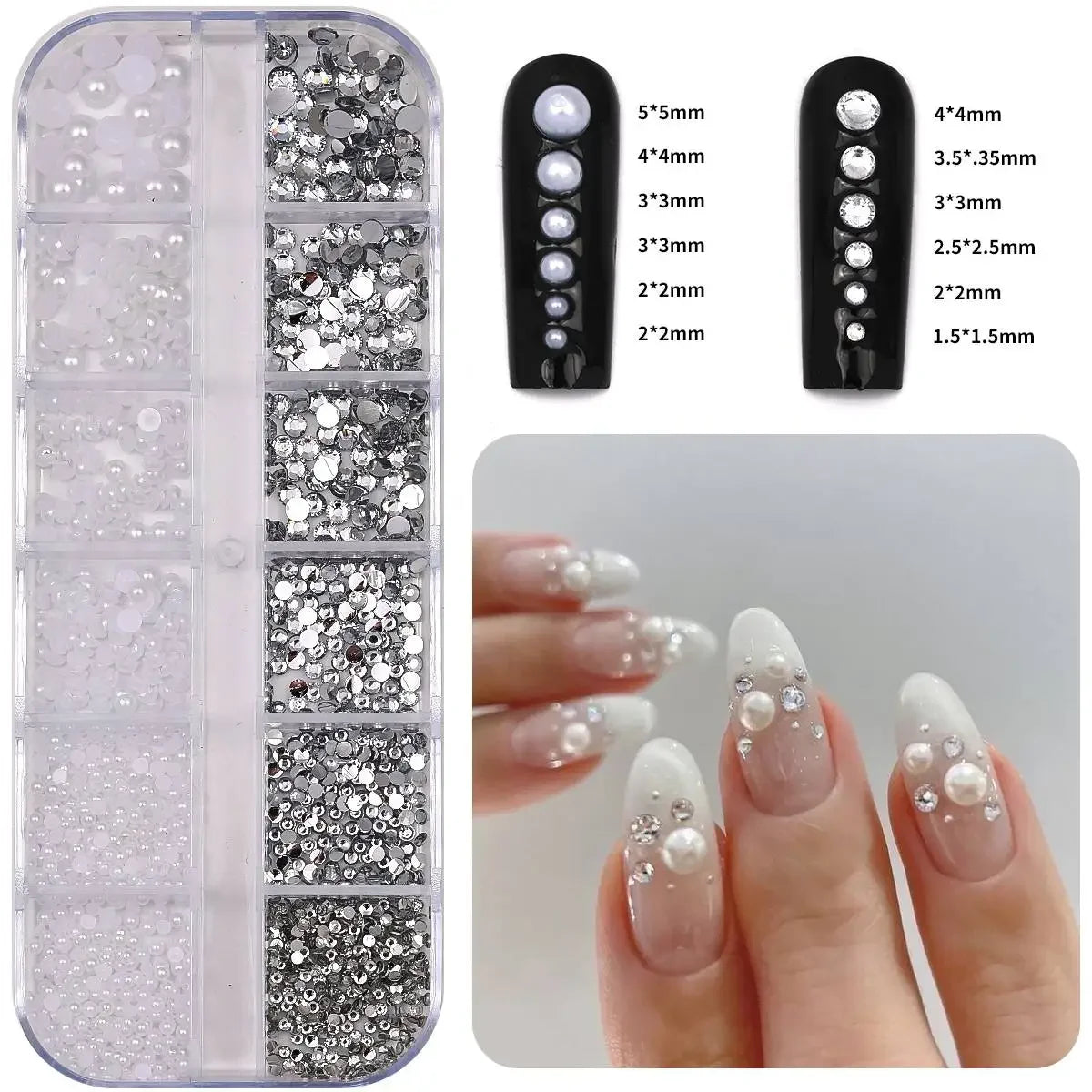 12Gird 3D Glass AB Crystal Nail Art Rhinestones Kit Flatback Round Bead Charm Gem Stones Jewelry Diamond with Tools for Nail Art