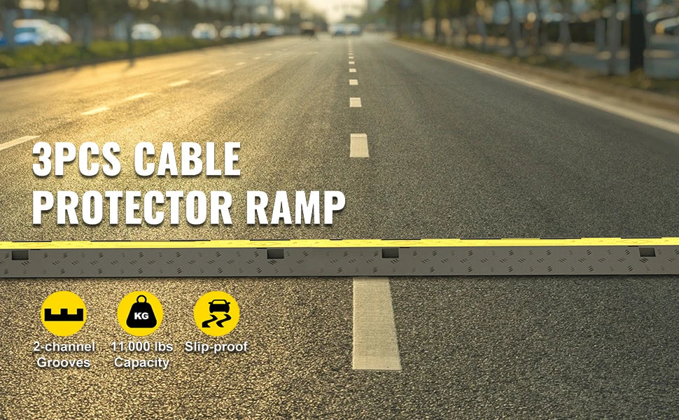 Heavy-Duty 2-Channel Cable Protector Ramp, 11000lb Rubber Cord Cover and Speed Bump