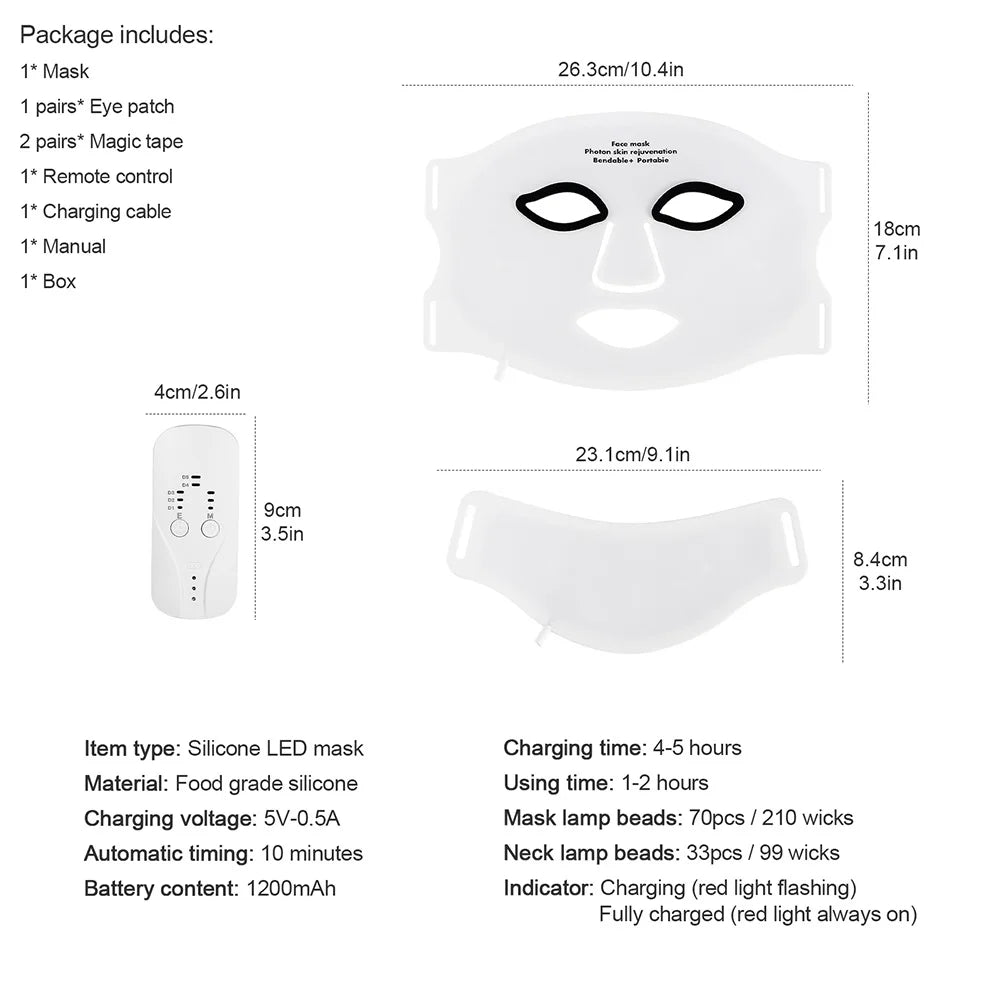 Silicone LED Face Neck Mask 7 Colors Red Light Infrared Photon Therapy Mask Flexible Wireless LED Beauty Mask for Skin Repair Rejuvenation Home Skin care