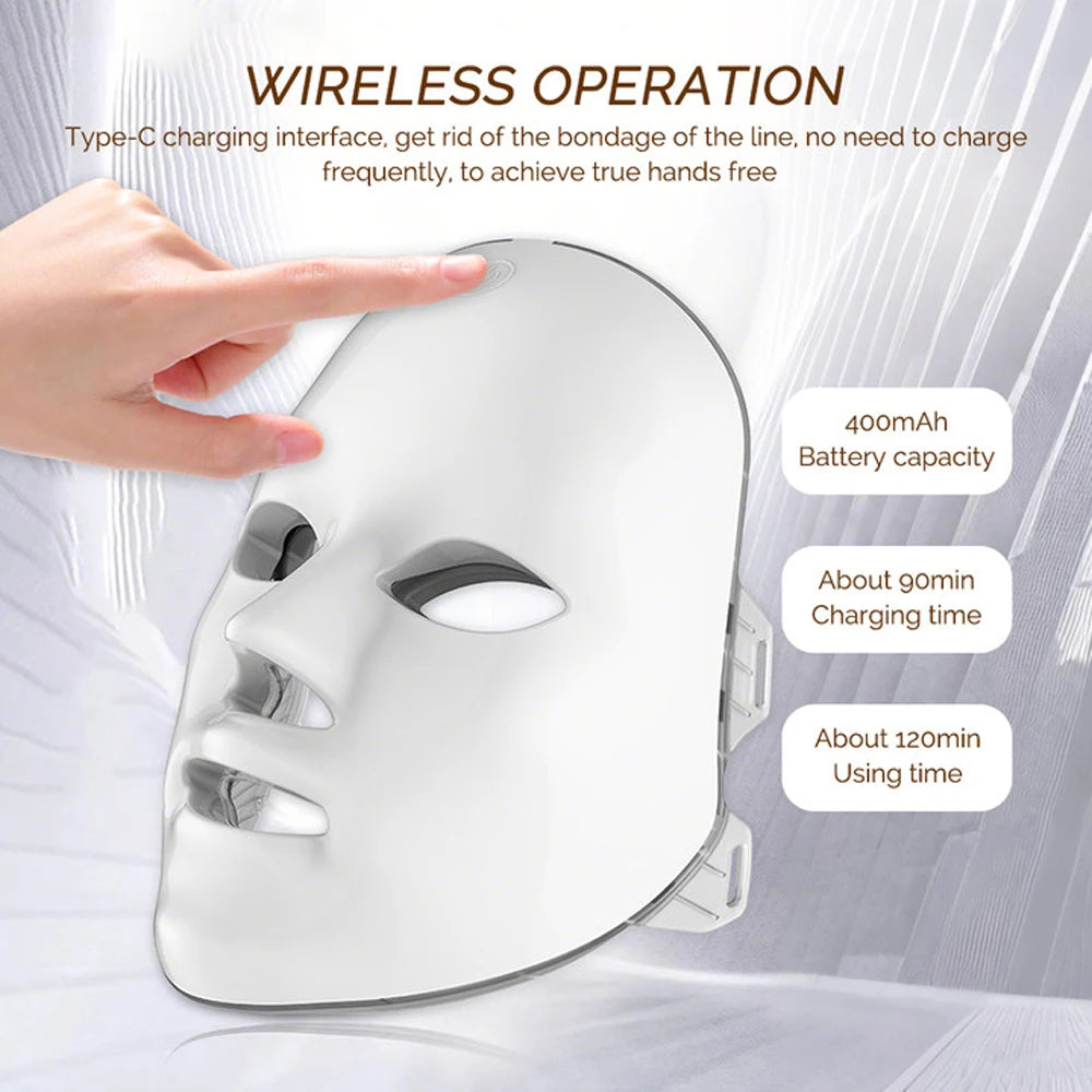 Wireless LED Face Mask with 7 Light Colors, Rechargeable Portable Facial Skincare Device