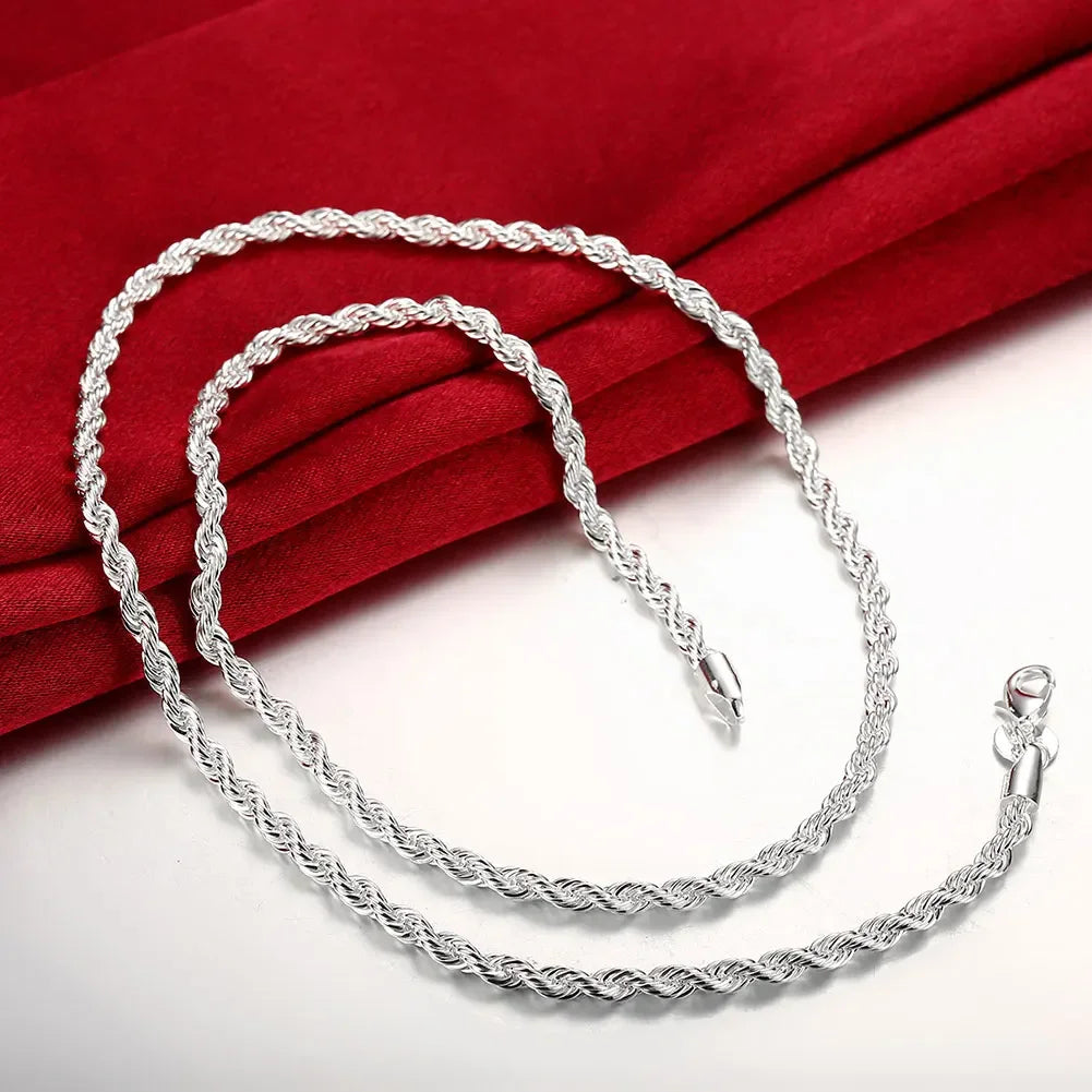 925 Sterling Silver Rope Chain Necklace and Bracelet Set, 4mm, for Men and Women