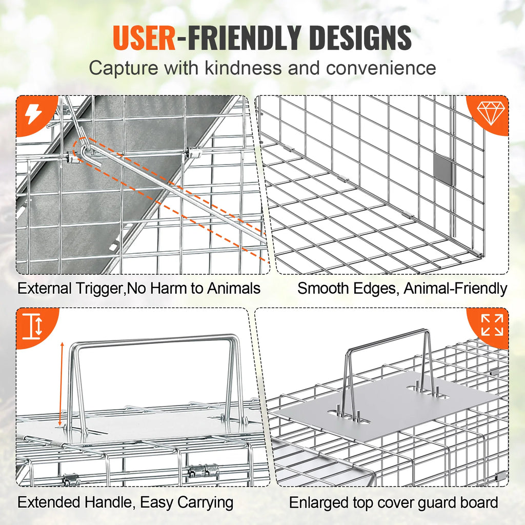 SucceBuy 24/31/42/50in Animal Cage Trap Folding Humane Cat Trap Galvanized Iron with Handle for Rabbits Squirrels Groundhogs