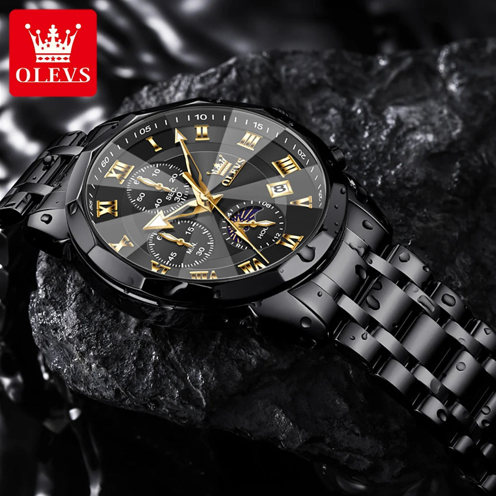 OLEVS Men's Chronograph Watch with Moon Phase, Waterproof Multifunction Quartz Wristwatch