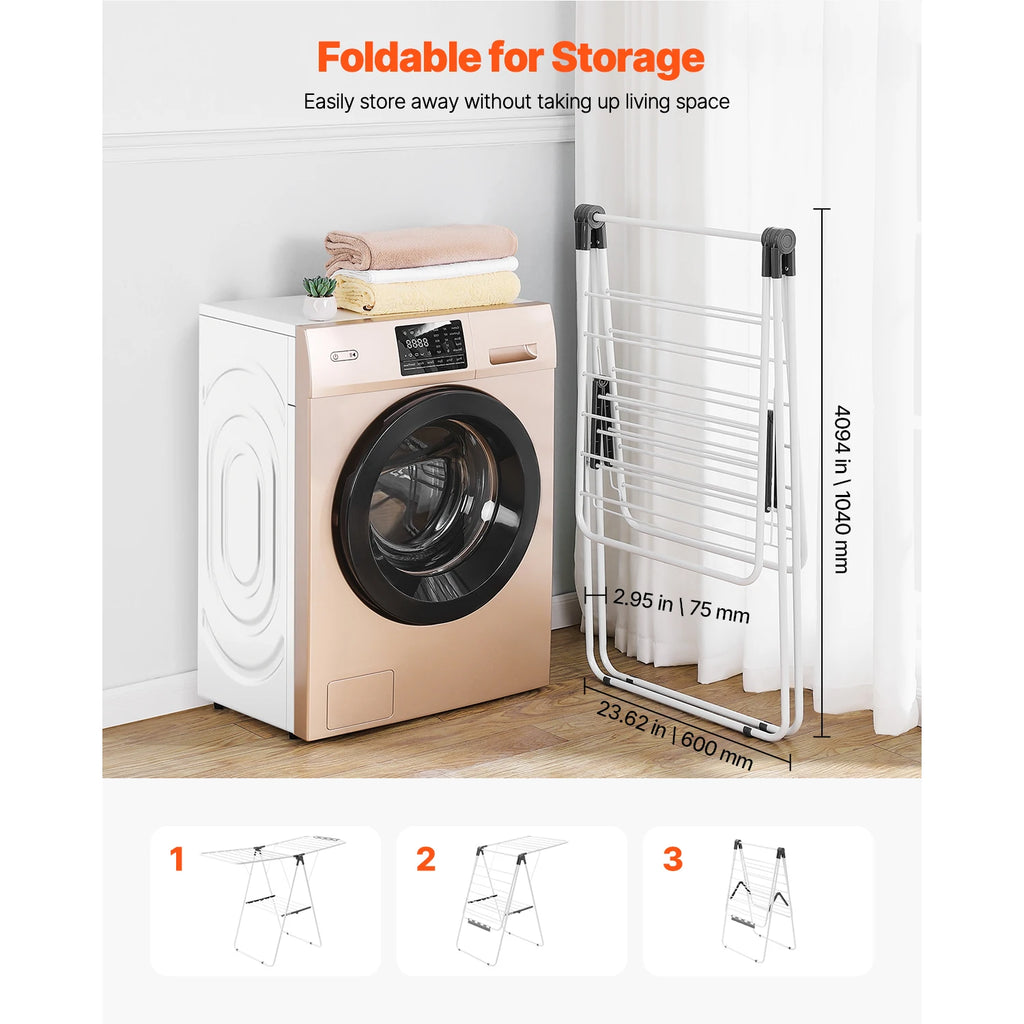 Foldable Metal Clothes Drying Rack with Sock Clips, Height Adjustable